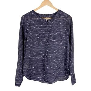 LOFT Moon Dot Print Navy Blue Sheer Henley Blouse Size XS